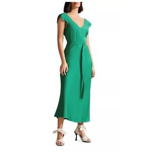 Ted Baker Noemi Green Bias Cut Midi Dress Size 3 Belted V-Neck NWT